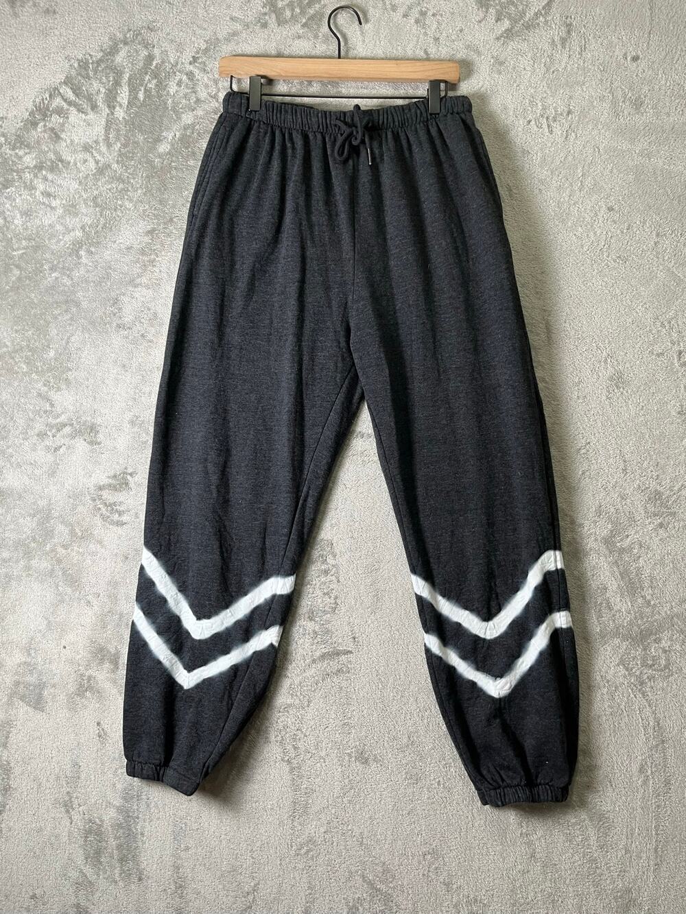 Natural Life Gray Fleece Jogger Pants White Chevron Stripe Drawstring Boho M